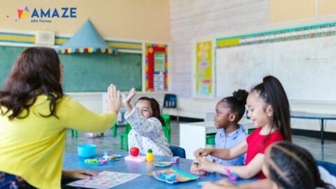 Autism-friendly classroom setup with calming lighting and organized seating